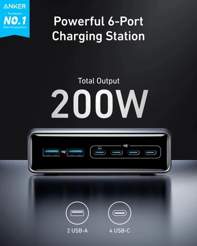 Зарядное устройство Anker Prime, 200 Вт, 6 портов, зарядная станция GaN, настольное зарядное устройство USB-C PD с быстрой зарядкой, совместимое с iPhone