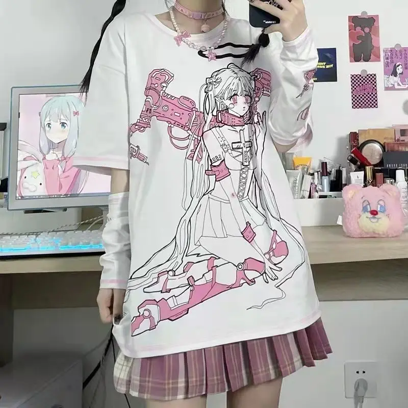 

HOUZHOU Y2k Harajuku Kawaii Tees Women Japanese Fashion Gothic Streetwear Cartoon Print Loose T-shirts Soft Girl Summer 2023