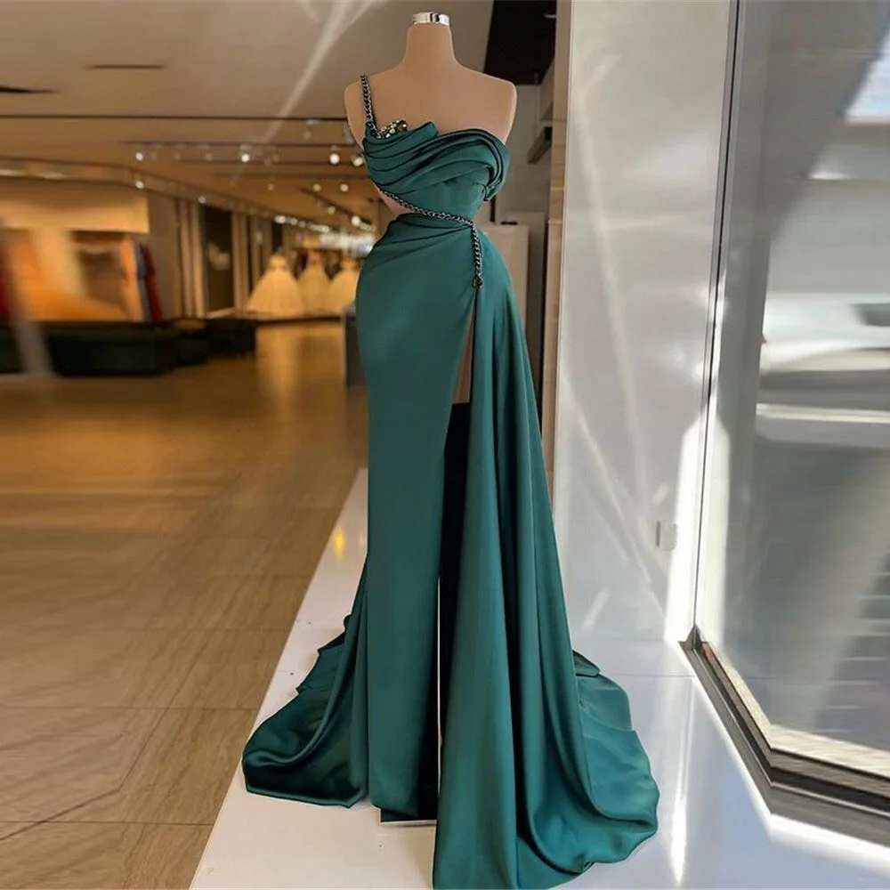 

Prom Dress For Women 2023 High Slit One Spaghtti Pleated Floor Length Green Sexy Evening Gowns Formal Occasion Strapless