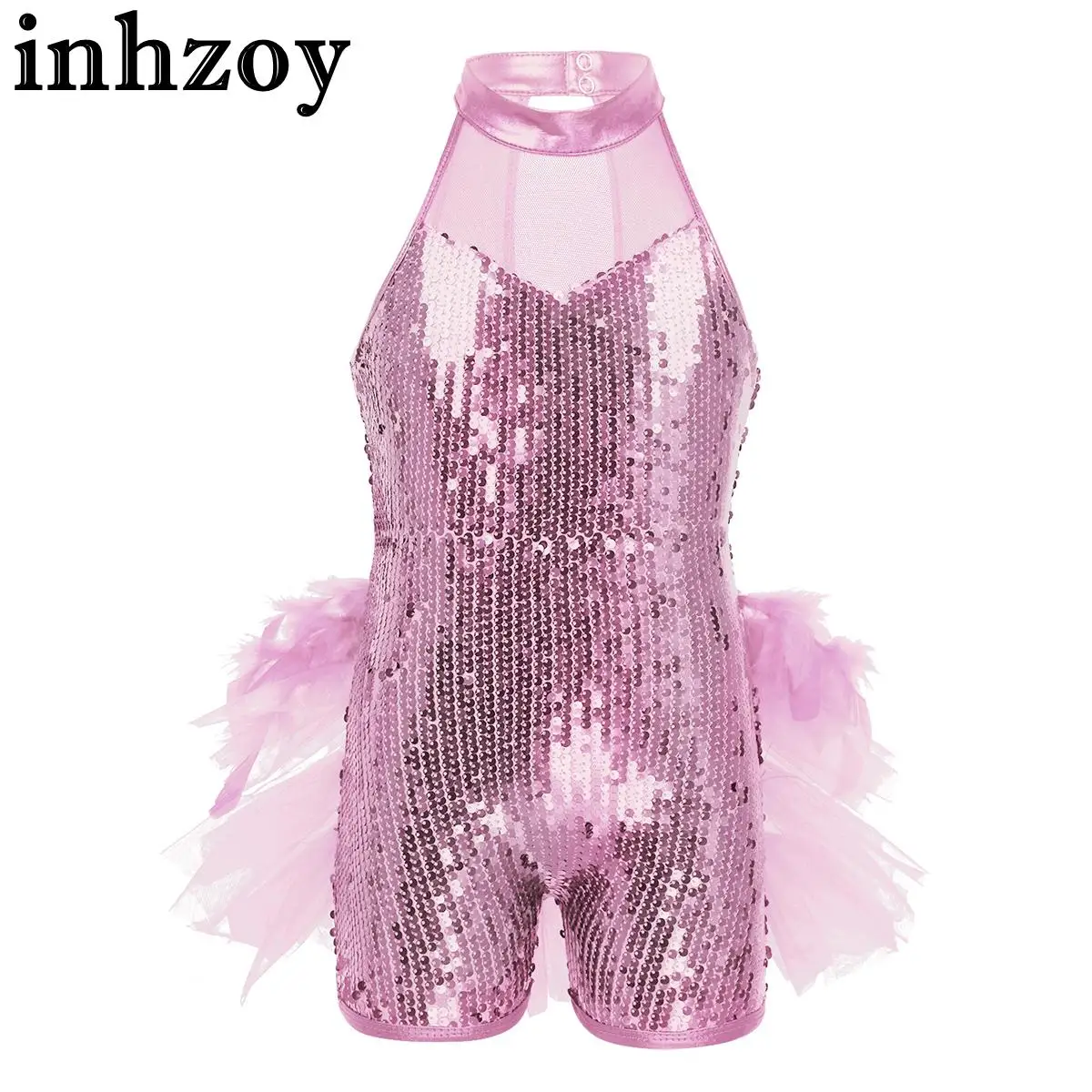 

Kids Girls Sequins Jazz Latin Bodysuit Sleeveless Mock Neck Ballet Dance Leotard Jumpsuit Stage Performance Costume Dancewear