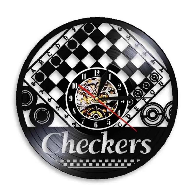 Checkers Game Silhouette Vinyl Record Wall Clock Icon Wall Clocks Vintage Decorative Wall Watch Clocks For Chess Lover