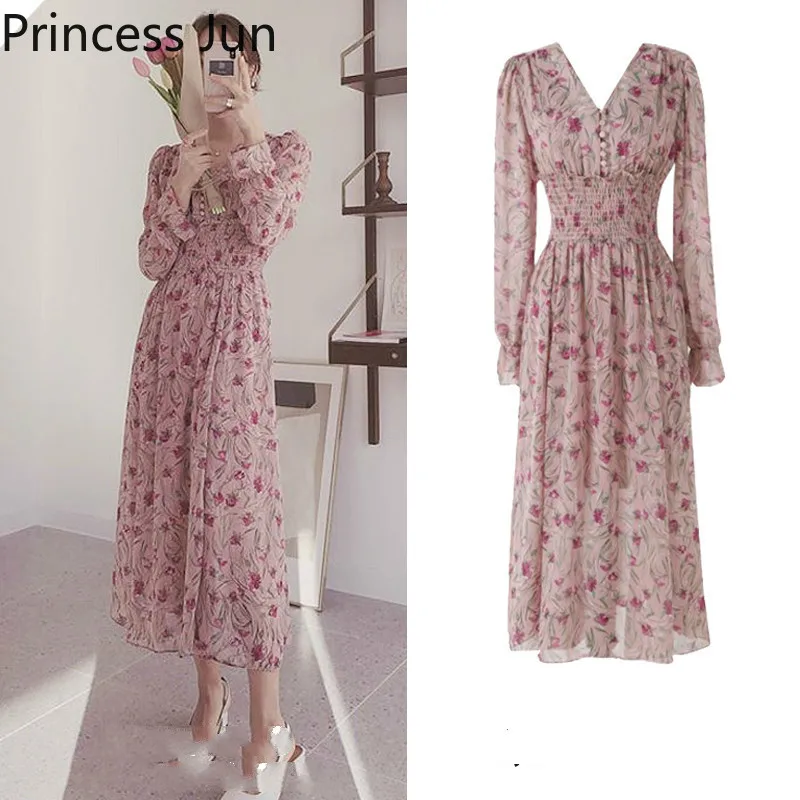 

Women Prairie Pink Floral Print Chiffon Dress New Fashion Long Sleeve V Neck Slim Waist Bottoming Dress Retro A Line Midi Dress