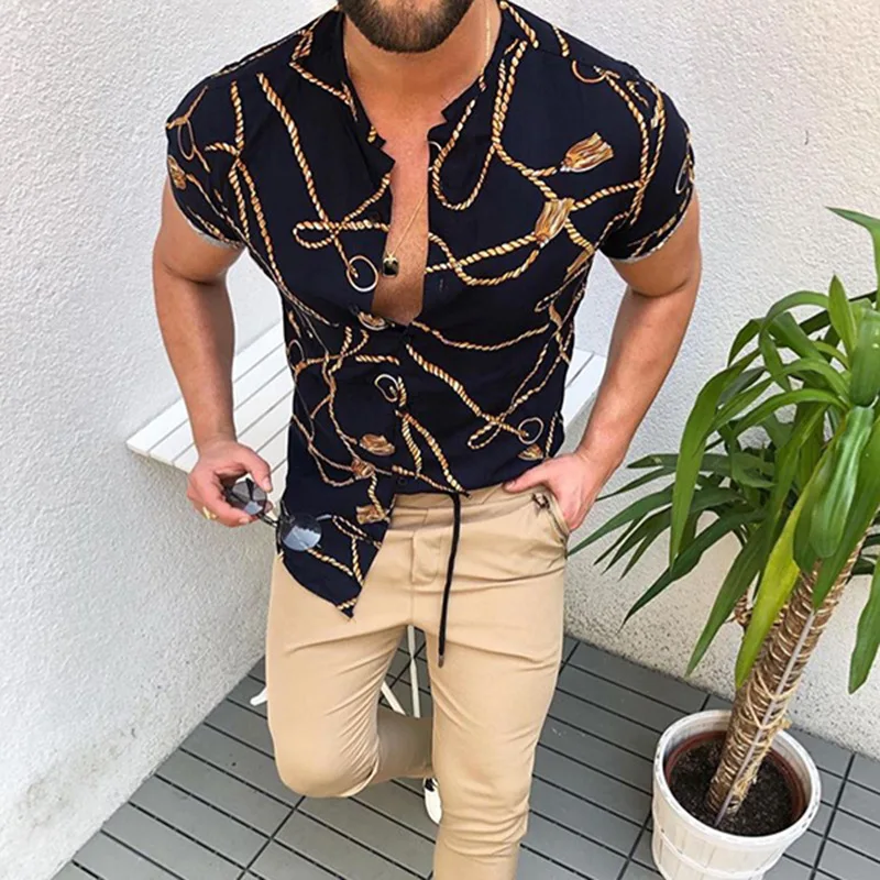 

Printed Hawaiian 2022 Mens Man Stand Loose Summer Casual Ok01 Stripe Collar Shirt Shirt Style Sleeve Ethnic Nation Short Henley