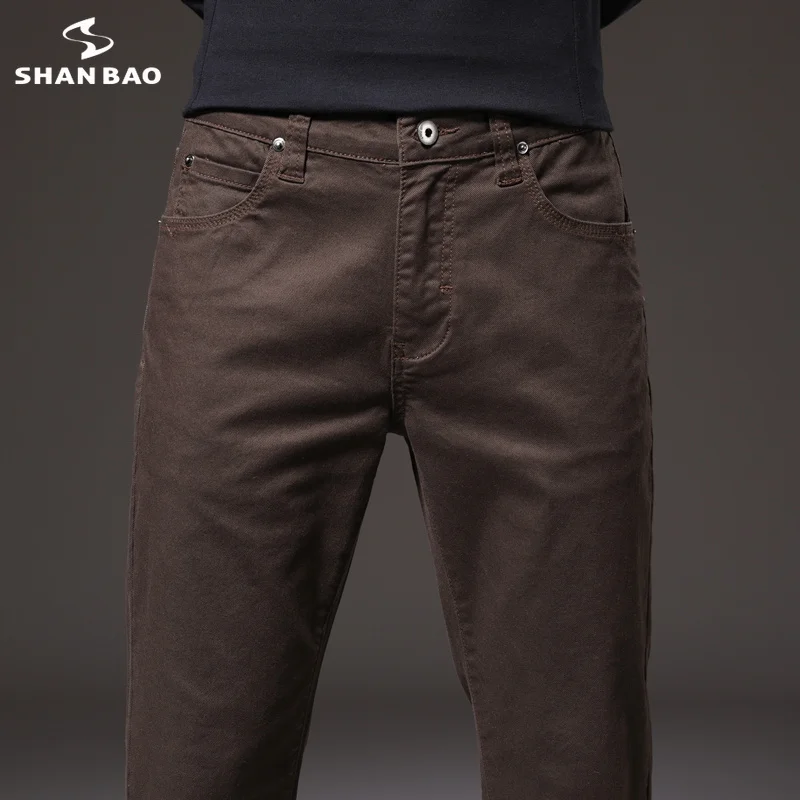 

SHAN BAO 98% cotton pants autumn brand new classic style young men's slim straight stretch casual black brown navy blue