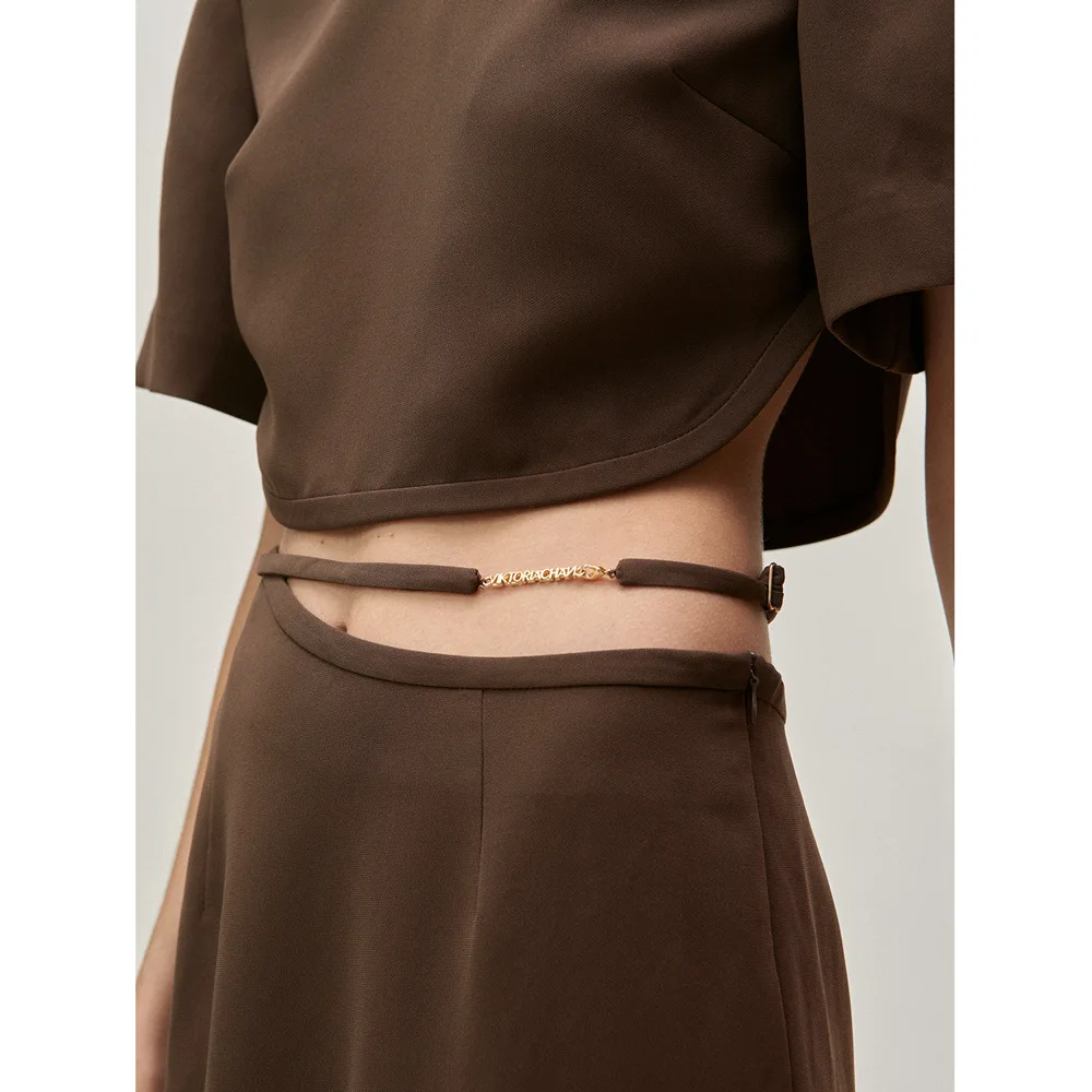 Maxdutti Минималистичная Мода коричневая короткая рубашка пуловер Круглый Вырез Топ