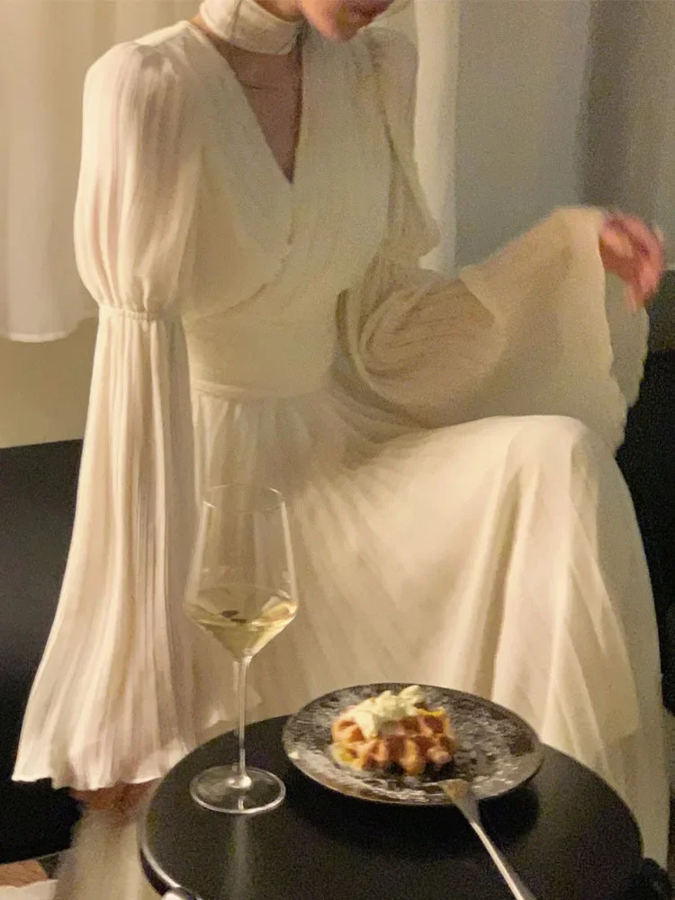 Женское шифоновое платье с V-образным вырезом элегантное белое длинное винтажное