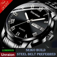 men top luxury unraion watch band luminous week steel band non mechanical automatic watch business mens waterproof quartz clock