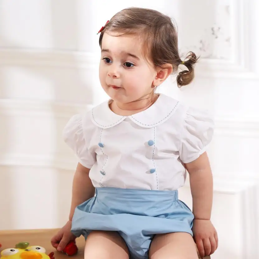 

2PCS Spanish Toddler Girls Sets Baby Baptism Clothes White Shirt+Shorts Birthday Party Christening Outfits Casual Sets L1709