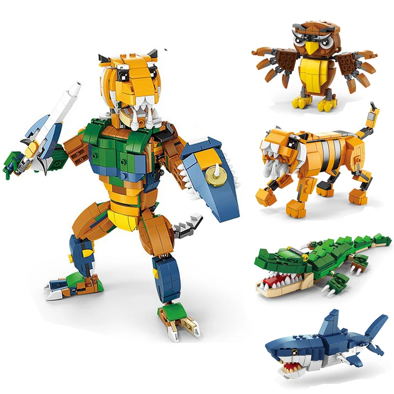 Animal World Siberian Tiger Mecha Model MOC Building Block Owl Crocodile Shark Deformable Children's Assembly Toy Birthday Gift