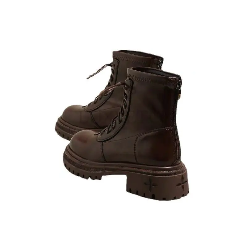 

Women Black Thick Soled Ankle Boots Platform Square High Heel Women Short Boots Patent PU Leather Round Head Women Mid-Calf