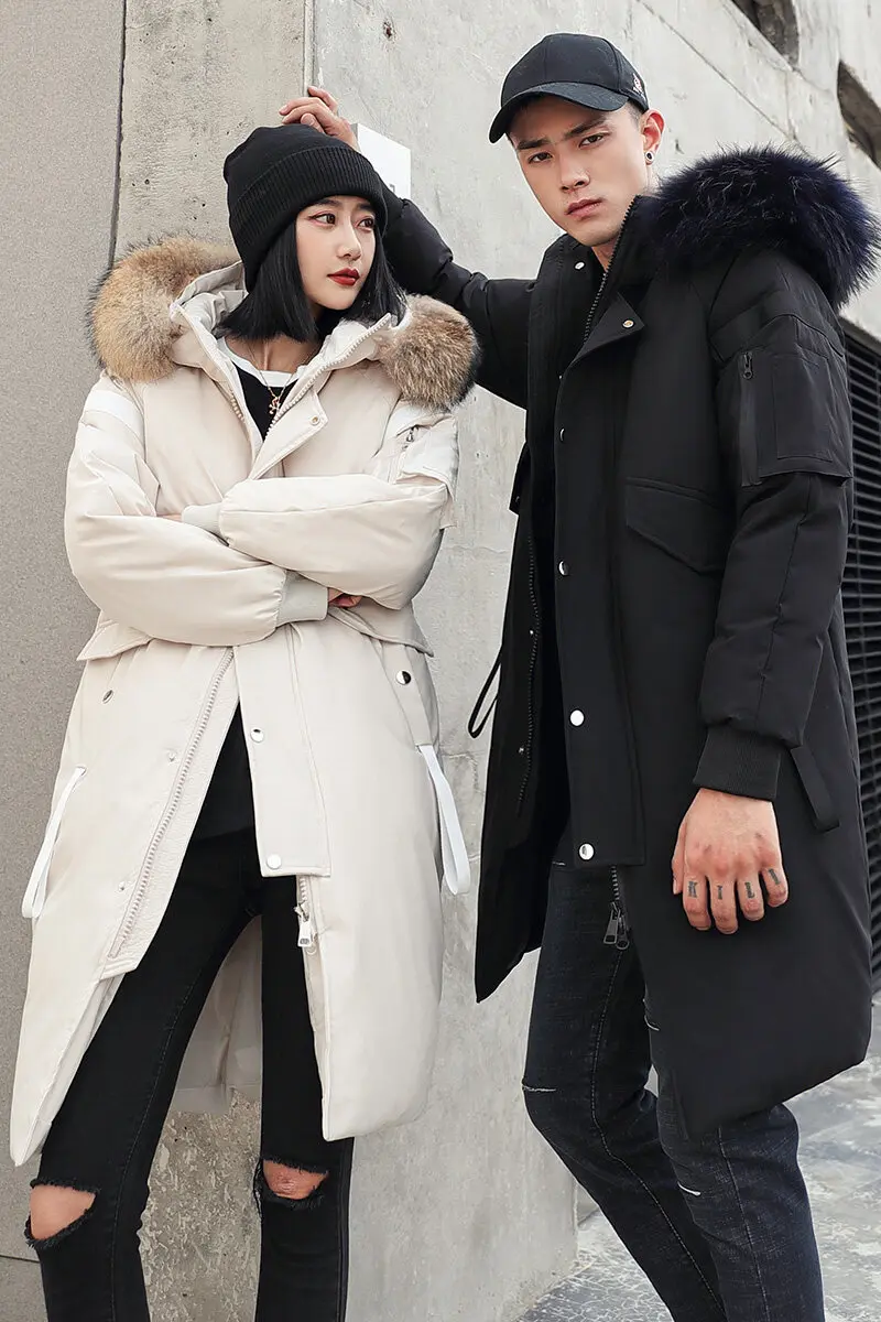 Men's down jacket in the long autumn and winter simple new white eiderdown thickened trend cargo lovers cotton-padded men