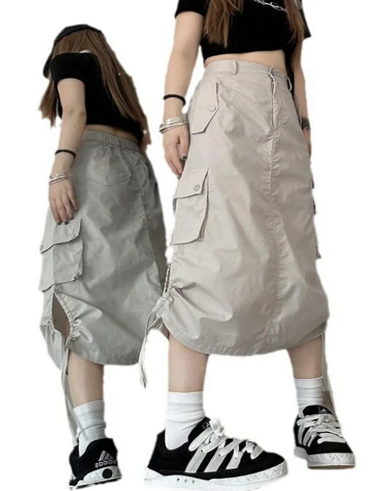 

Женские модные юбки миди в стиле хип-хоп с разрезом, трапециевидная юбка с карманами на шнурке, американская уличная одежда юбка-Карго
