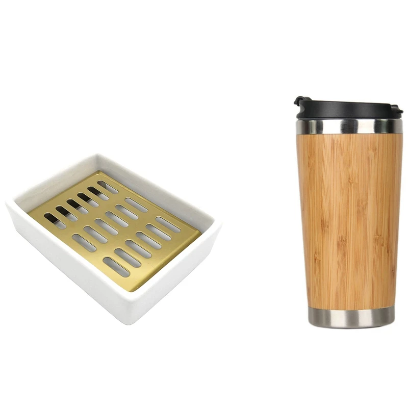 

Ceramic Soap Dish Stainless Steel Soap Holder (White+Gold) & 450Ml Bamboo Coffee Cup Stainless Steel Coffee Travel Mug