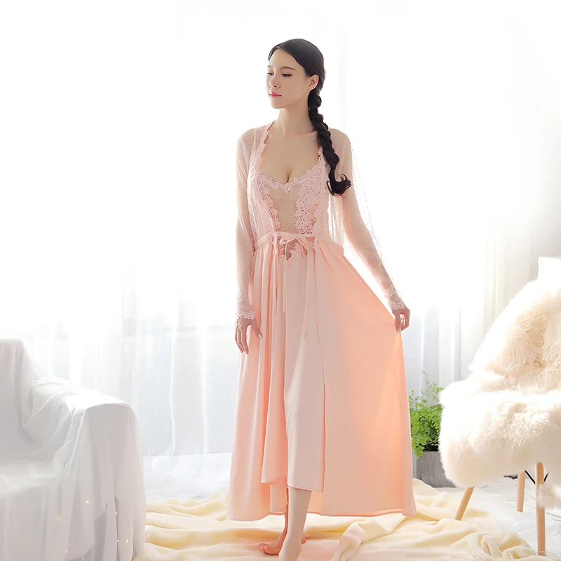 

Imitation Silk Pajamas Women Spring And Summer Long Sexy Perspective Bathrobe Bathrobe Women'S Large Size Home Wear Set