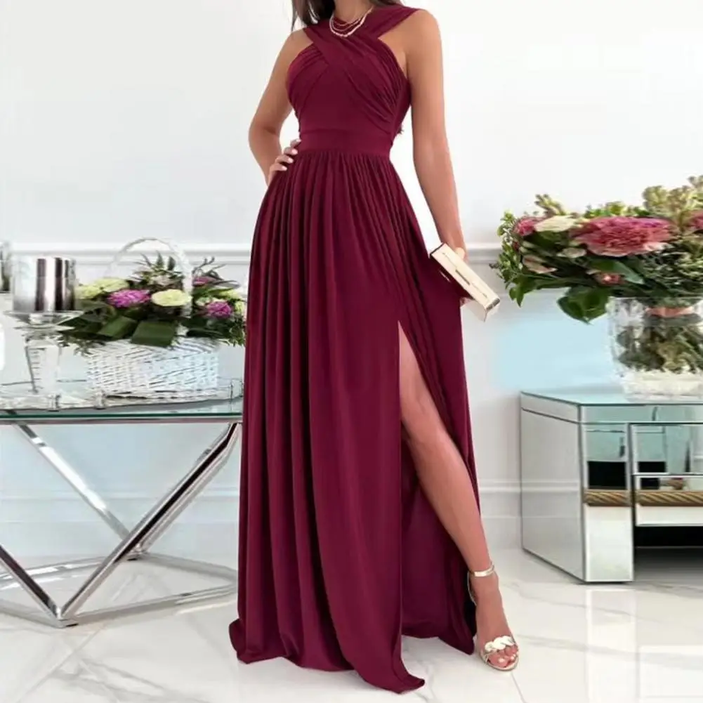 

Summer Elegant Casual Women Banquet Dress Solid Color V Neck Cross Off Shoulder Pleated Prom Dress Wedding Dress