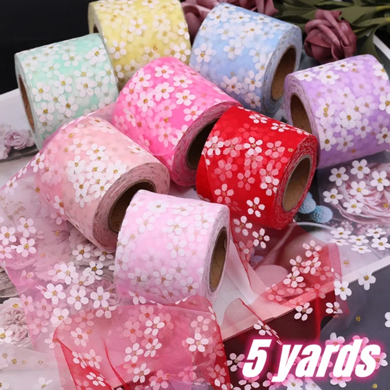 

5 ярдов 6 см Цветочный Тюль фоторулон DIY ленты для поделок для подарка бант Упаковка вишневого цветка печатные сетчатые ткани поставки