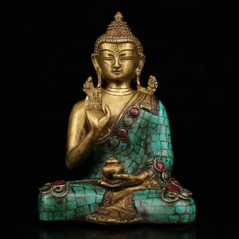 

5.9" Chinese- opper Bronze Inlaid Gem Gilded Buddhism sakyamuni Buddha