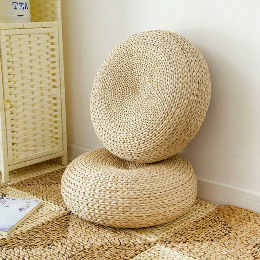 Japanese Style Thicken Futon Meditation Cushion Tatami Rattan Round Yoga Cushion Natural Straw Woven Kowtow Cushion Home Decor