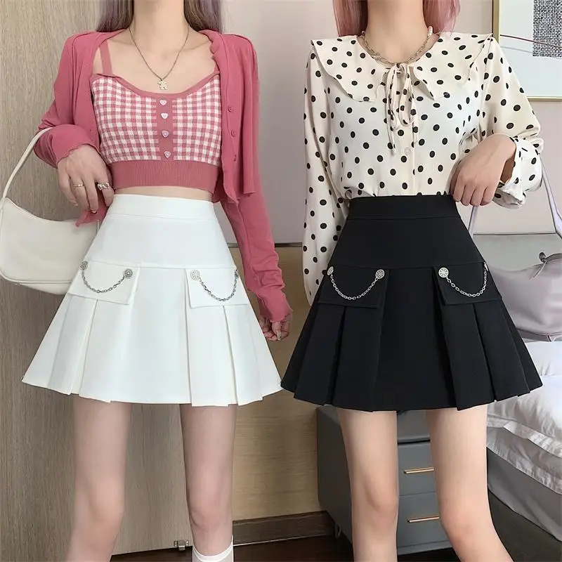 

2022 Summer Sexy White Pleated Skirt Womens Slim A-Line High-Waisted Short Skirt Female Sweet College Style Mini Skirts XL