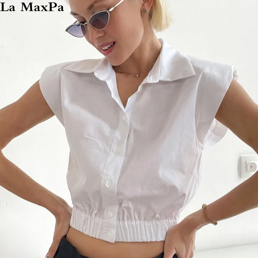 Summer Chic White Shirt Elastic Waist Turn Down Neck Sleeveless Slim Lady Shirts Casual Singlle-breasted All Matching Blouse