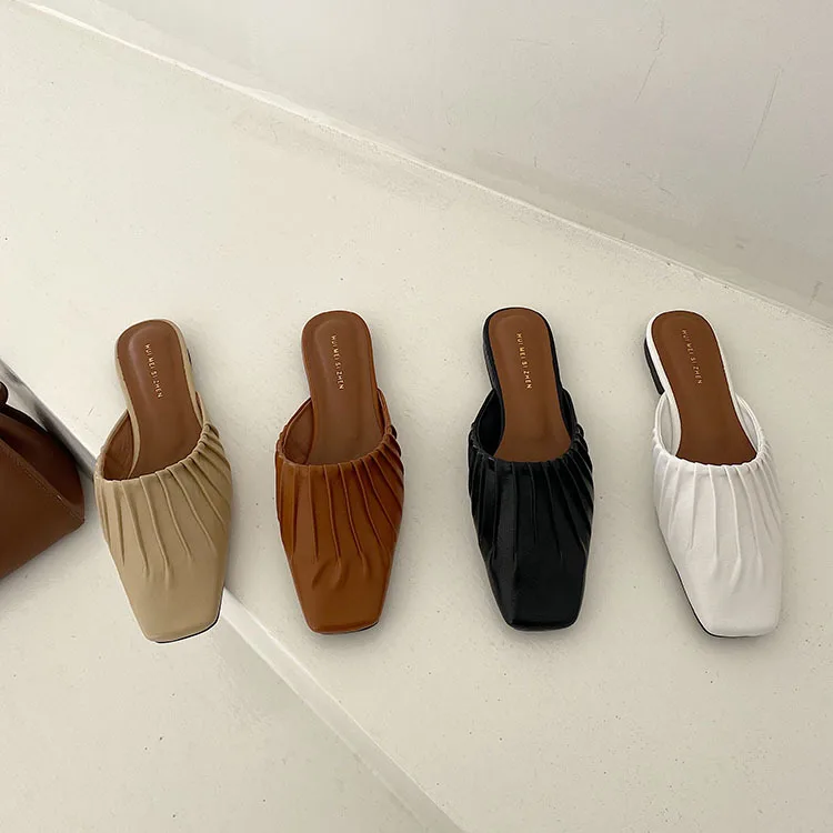 

Шлепанцы женские без задника, сланцы, лоферы, низкий каблук, Роскошная Новая обувь в римском стиле, полиуретановая простая плиссированная о...