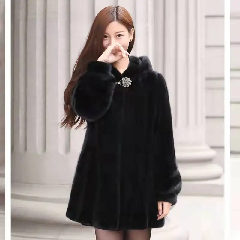 

Winter Hooded Mid-length Faux Mink Fur Coat Women Warm Thickening Overcoat Plush Soft Parkas Korean Outwear Top Jacket T69