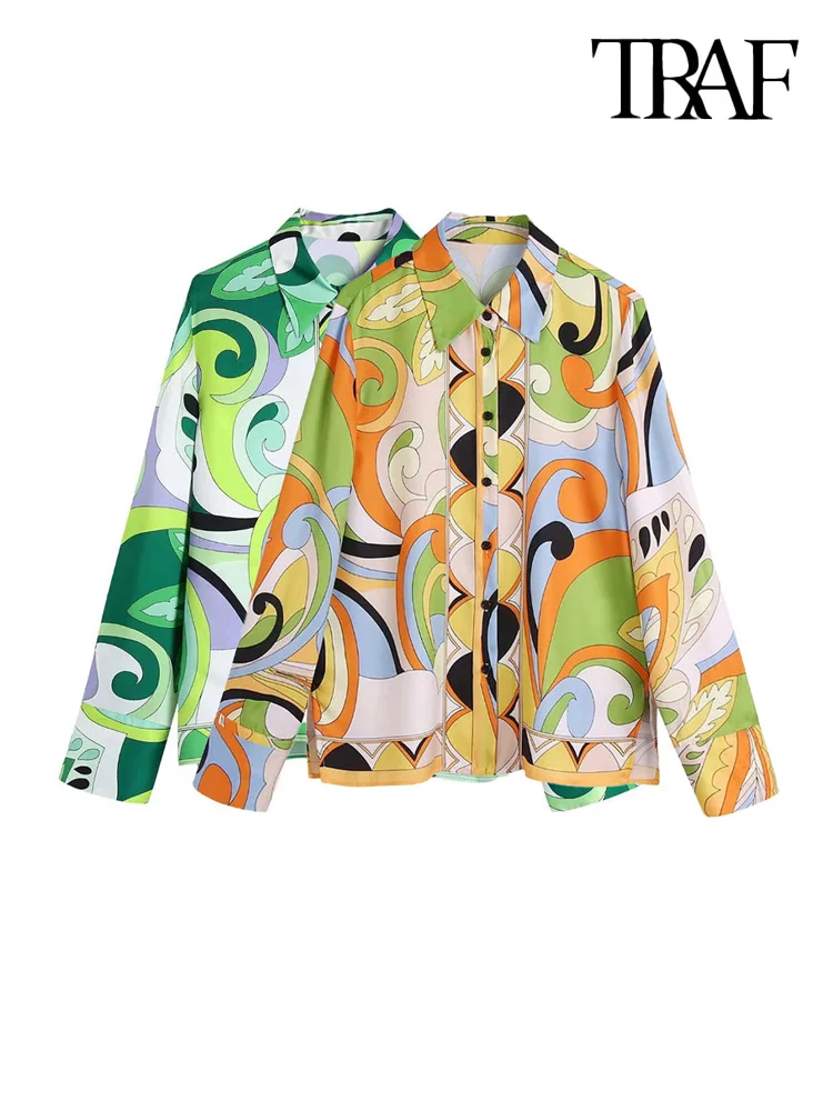 

TRAF Women Fashion Front Buttons Printed Blouses Vintage Long Sleeve Side Vents Female Shirts Blusas Chic Tops