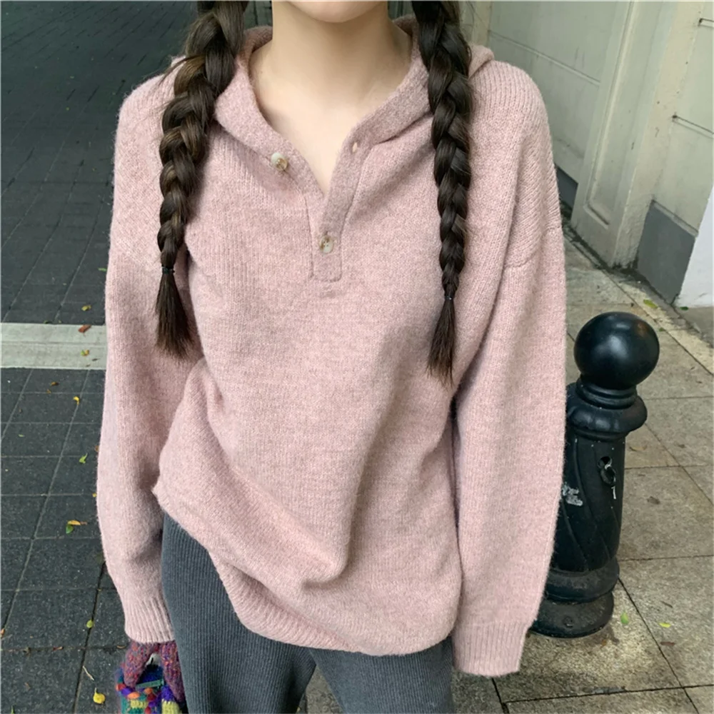 

HziriP All Match Hooded Sweaters Women Pink Spring 2023 Chic Loose New OL Sweet Solid Casual Knitted Mujer Pullovers Gentle