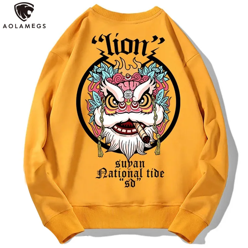 

Aolamegs Hip Hop Sweatshirts Men Chinese Lion Smoking Print Men Pullover Spring O-Neck Casual High Street Tops Couple Streetwear