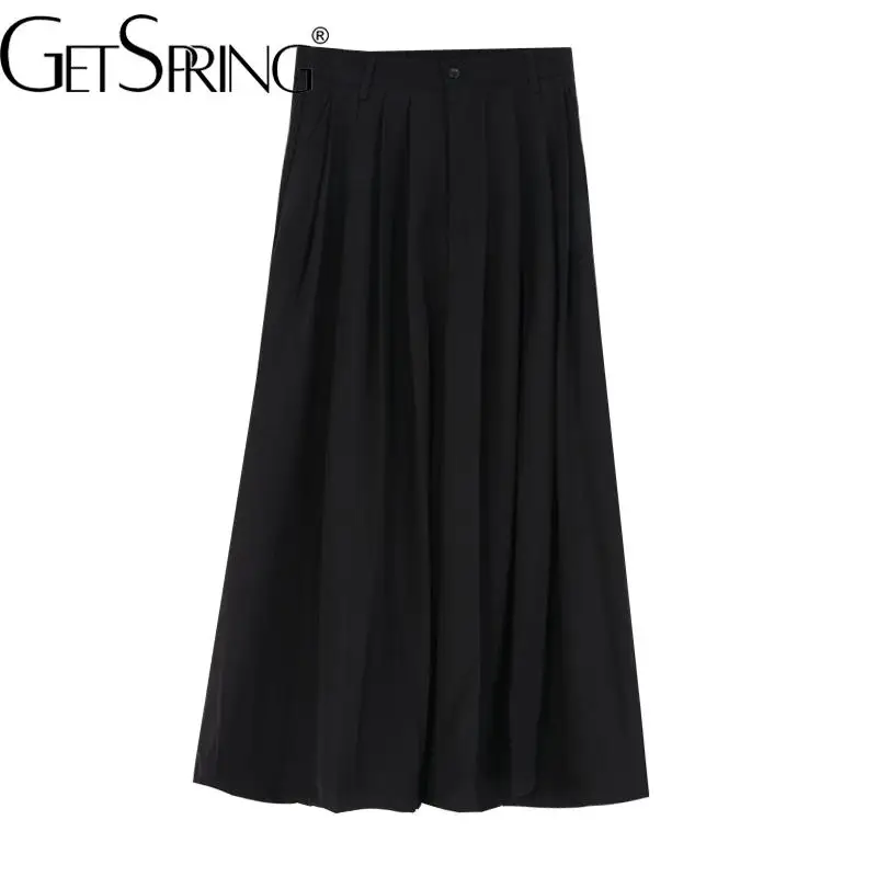 

GetSpring Women Pant Capris 2022 Summer High Waist Pleated Loose Casual Wide Leg Pants Fashion Ladies Black Ankle-Length Trouers