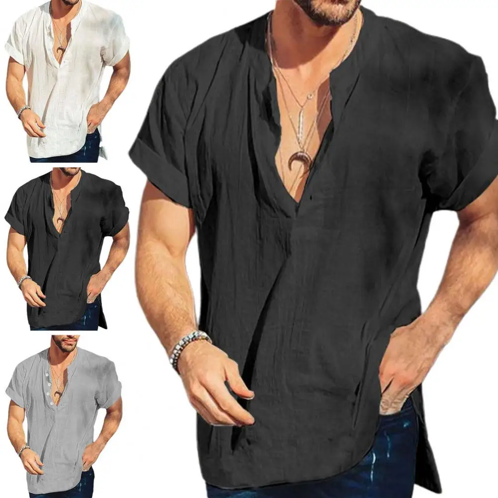

Men Summer Cotton Linen Shirt Solid Color Thin Short Sleeve V Neck Pullover Loose Mid Length Casual Blouse Top Male Clothes