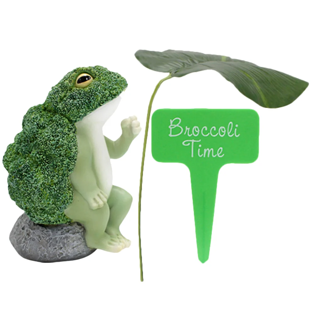 

1 Set of Small Frog Figurine Broccoli Frog Statue Garden Frog Sculpture with Lotus Leaf Sign Decoration