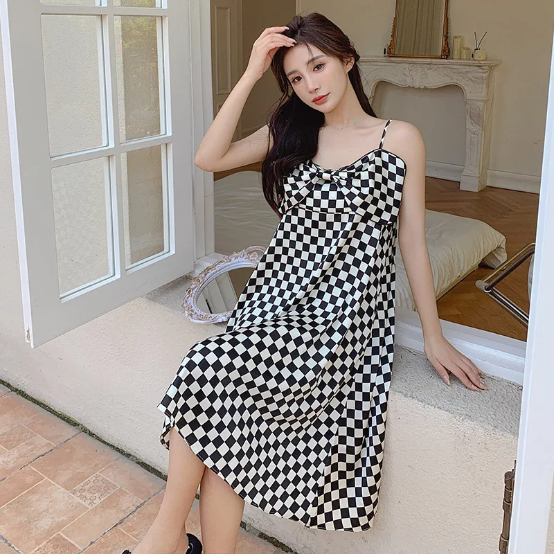

Women Houndstooth Nightgown Sleepdress Ice Silk Home Clothes Sexy Suspenders Night Dress Home Dress Bow Lace Edge Sleepwear
