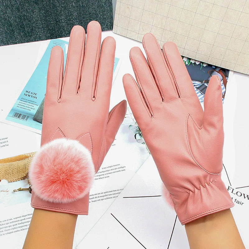 

Женские кожаные перчатки с меховым помпоном, теплые и водонепроницаемые