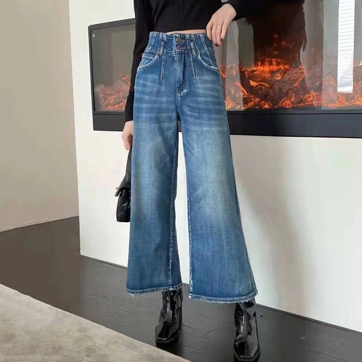 

2022 early spring new high-waisted slim straight-leg pants loose jeans, women's blue retro washed wide-leg nine-point pants