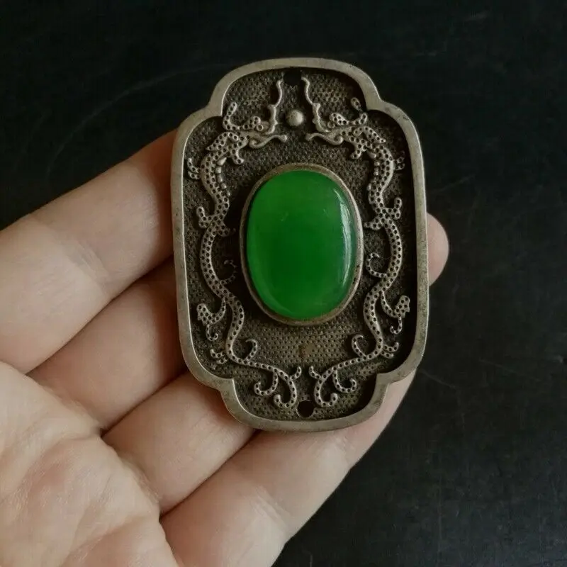 

Exquisite Chinese Old Tibetan Silver Inlaid Green Jade Pendant Double Dragon