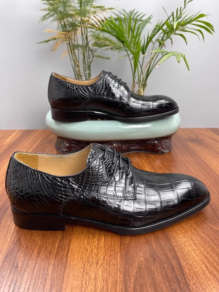 Туфли мужские из натуральной кожи под крокодила на шнуровке и блочном каблуке