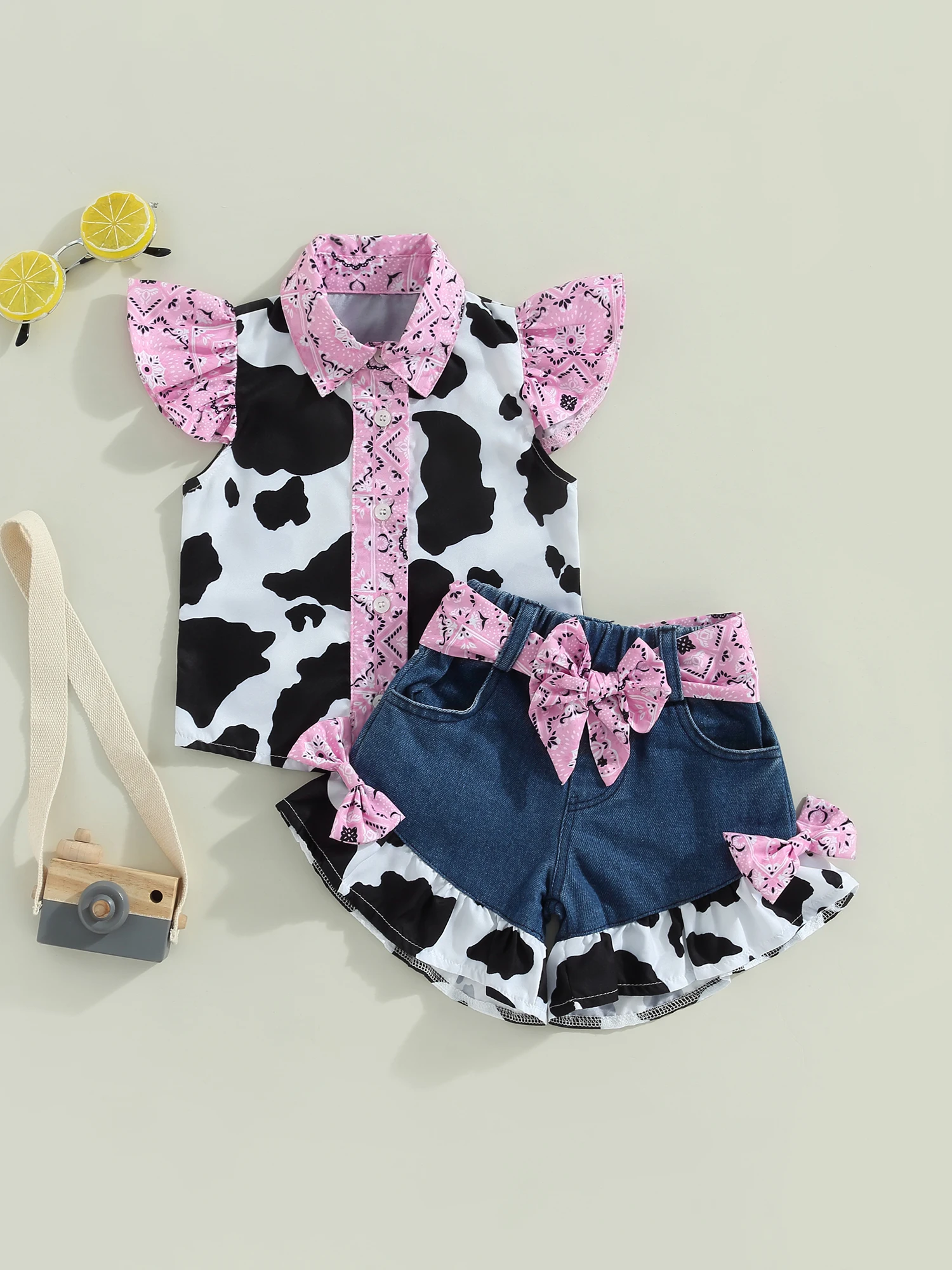 

Kids Baby Girls Summer Outfits Cow Print Fly Sleeve Turn-Down Collar Buttons Tops Bow Belt Ruffle Hem Denim Shorts Girl 2PCS Set