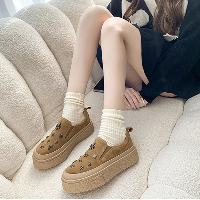 Women's Rhinestone Platform Shoes Rhinestone Loafers Women's Foot Flats Leisure Sports Platform Shoes Suede Shoes