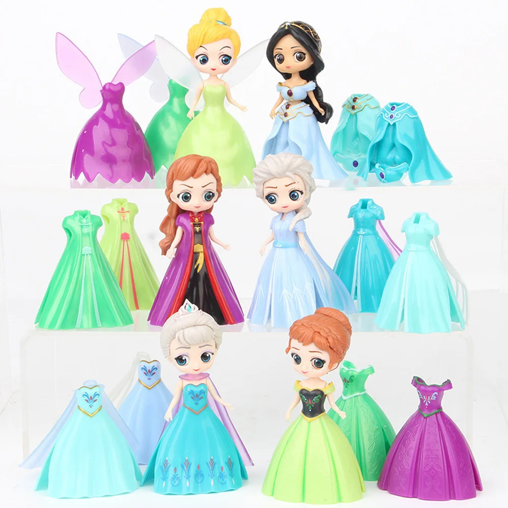 18Pcs/Set Disney Princess Frozen Elsa Queen Anna Tinker Bell Jasmine Change Clothes Figures PVC Action Model Toys Doll Gifts - купить по