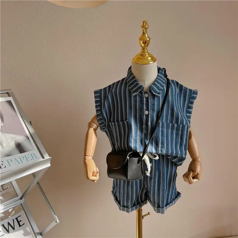 2022 Summer New Children's Striped Suit Thin Boys and Girls Baby Children's Versatile Korean Short Sleeve Suit