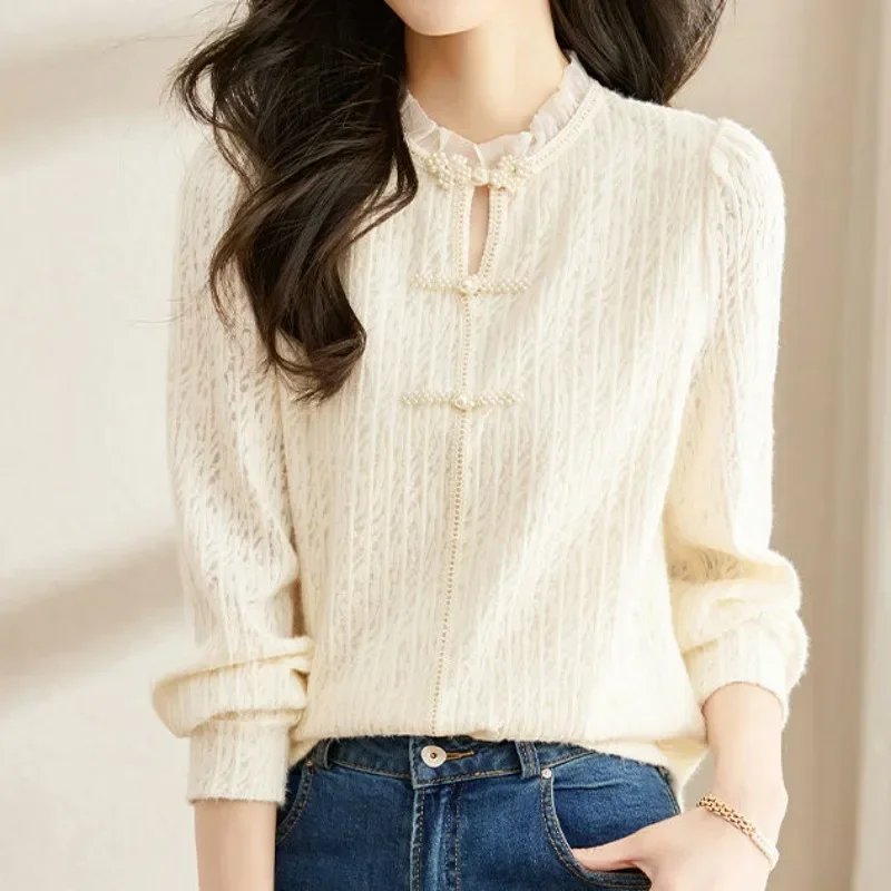 Женские блузки с рюшами M-5XL нежные винтажные китайские пуговицы утепленные