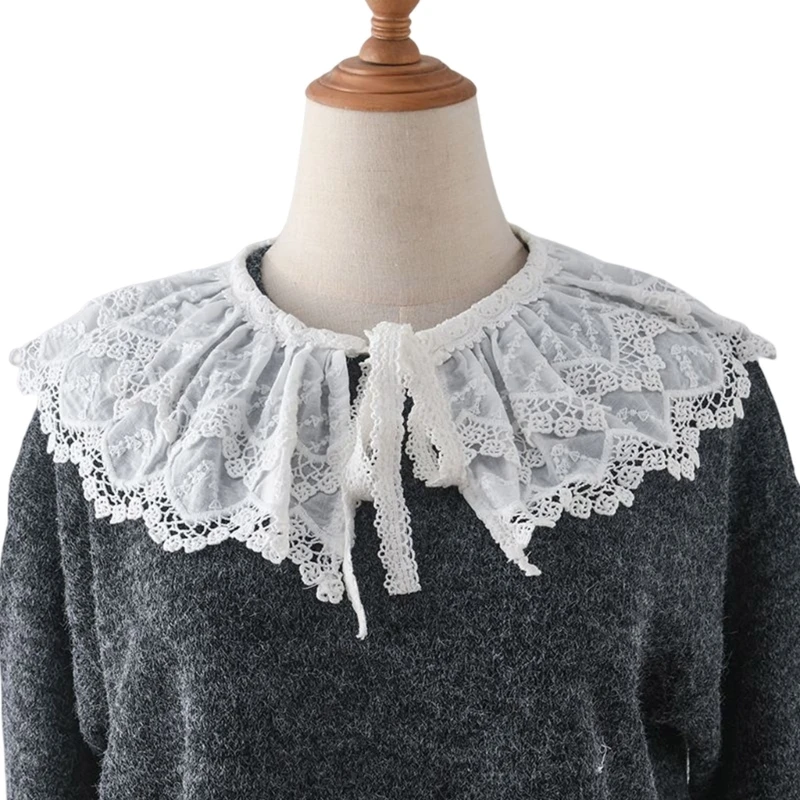 

Decorative Tiered Layered Neckline Faux Collar for Women Elegant Embroidery Lace Shawl Scarf Ribbon Tied Bowknot Capelet