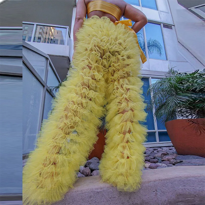 

Women's Tulle Trousers Solid Color Patchwork Multi-Layer Ruffle Yarn High Waist Female Trousers Leather Fashion Pants Party Club