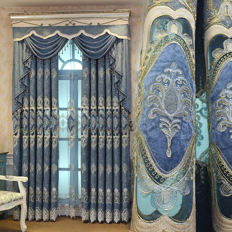 

2023 New European Style Embroidered Shading Window Pastoral Curtain Cloth Chenille Curtains for Living Dining Room Bedroom