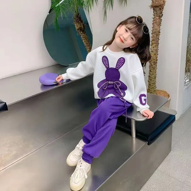 Girls' Spring Suit Children's Girl Clothes Set New Korean Fashion College Style Cute Rabbit Sports  Two-piece Set