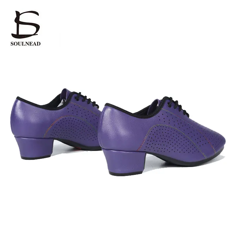 Cowhide Women Jazz Dance Shoes Latin Salsa Dancing Shoes Embossed Purple Female Teachers Ballroom Shoes Ladies Dance Sneakers