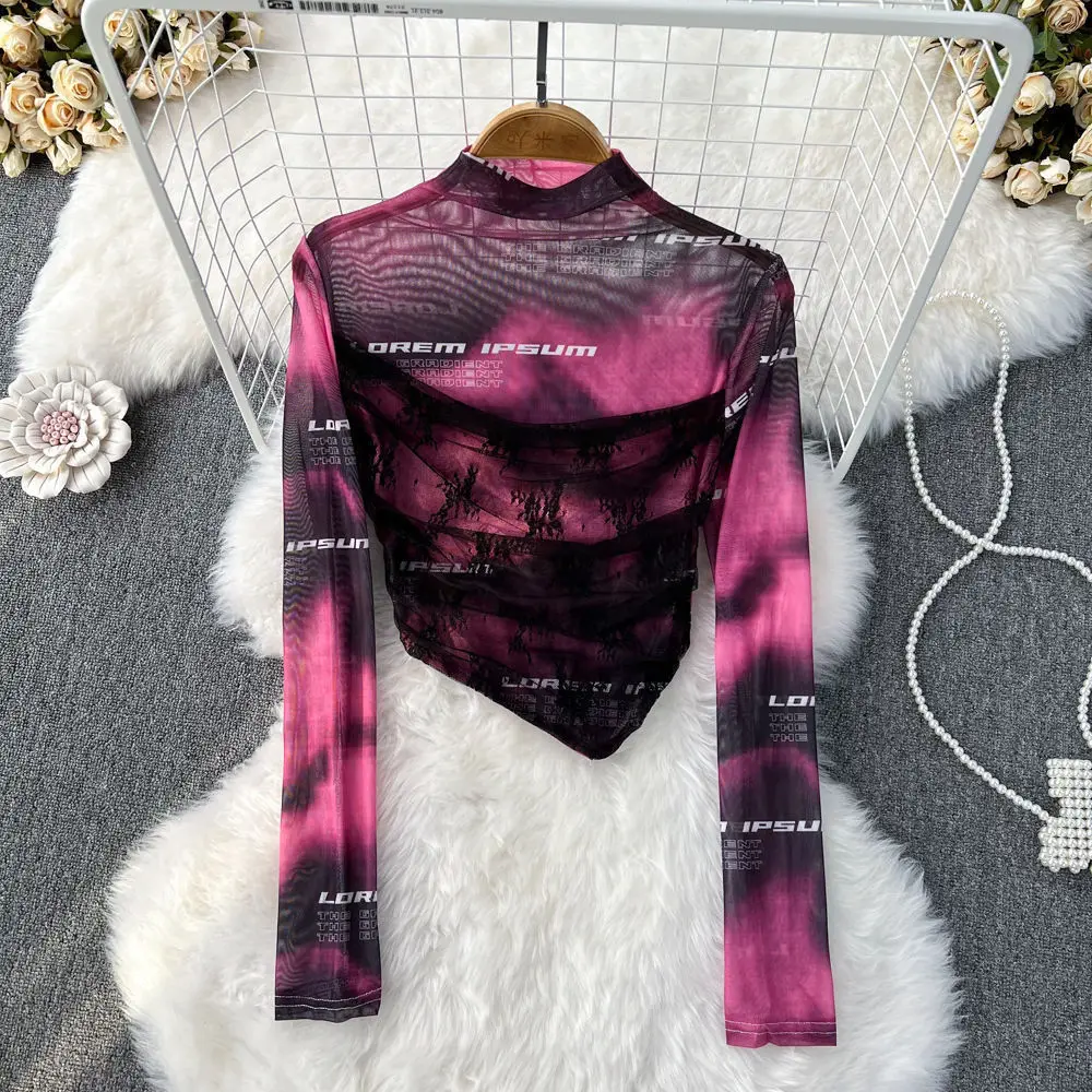 Фото Эстетика Ретро Нерегулярная кружевная футболка из двух частей Spice Girl Cop Top с длинными рукавами и солнцезащитным кремом из сетки с надписью №1