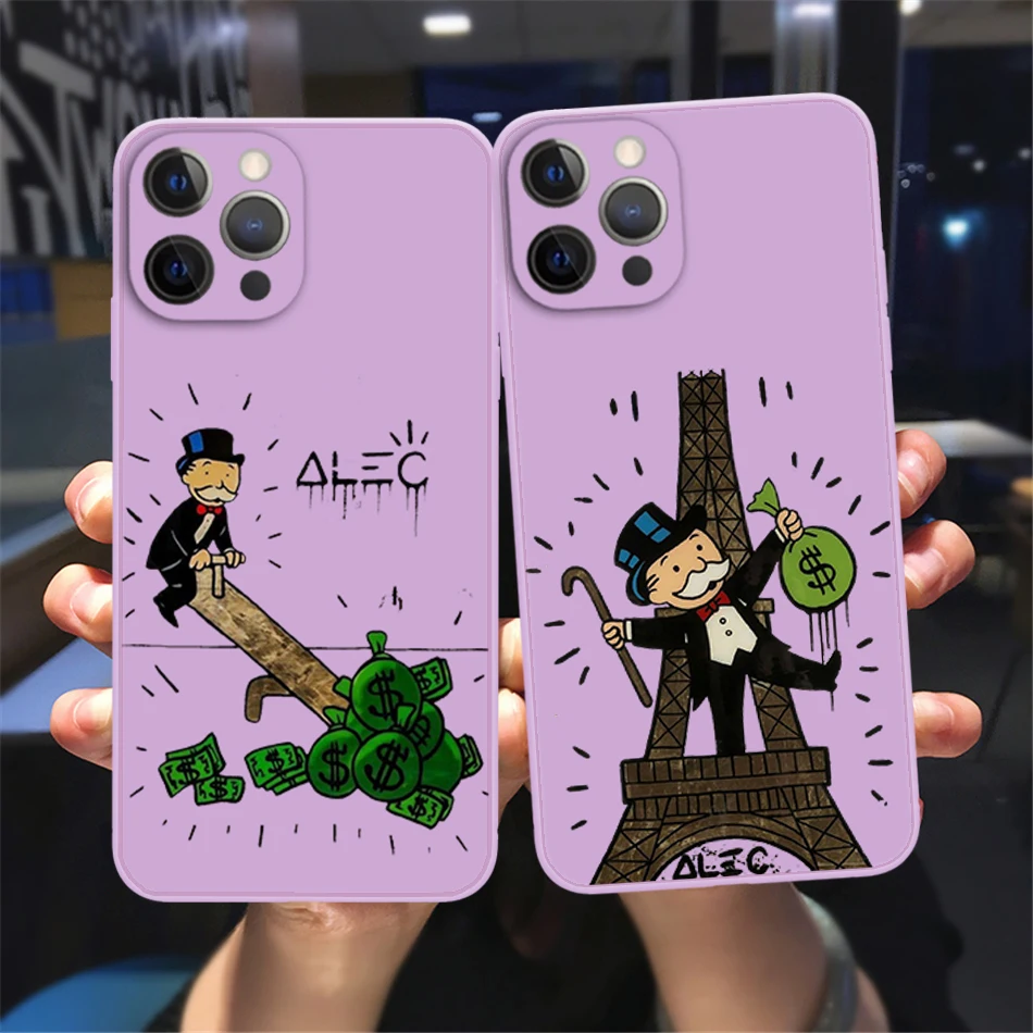 

Cartoon Dollar Alec Monopoly Phone Case For iPhone 13 12 11 14 Pro Max XSMax XR X 14Plus purple Silicon Soft Bumper Back Cover