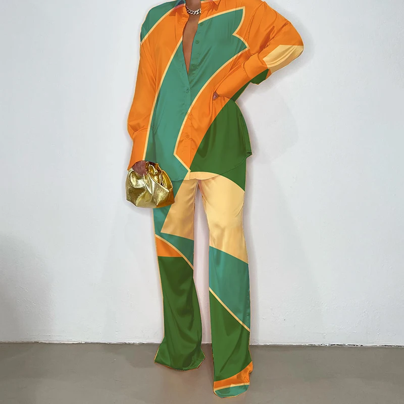 

Женский комплект из двух предметов с принтом в стиле ретро, пикантный Свободный Топ с V-образным вырезом, пуловер и широкие брюки, свободный ...